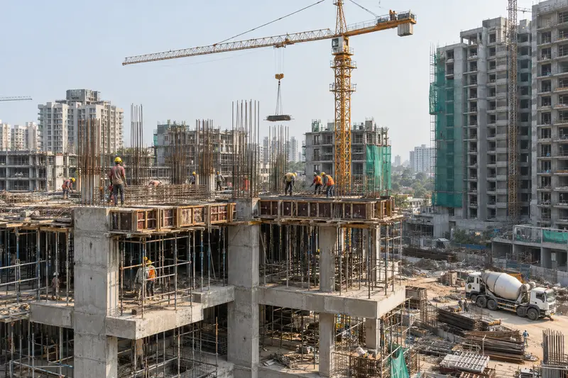 Buildings under construction with a tower crane and crews on the slab