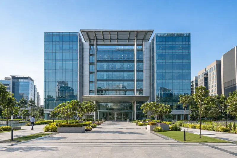 Glass and steel commercial office building in a business park
