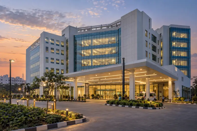 Completed multi-storey hospital building at dusk