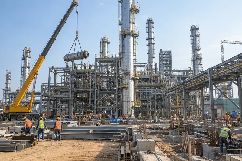 Industrial process plant under construction with steel structures and a crane