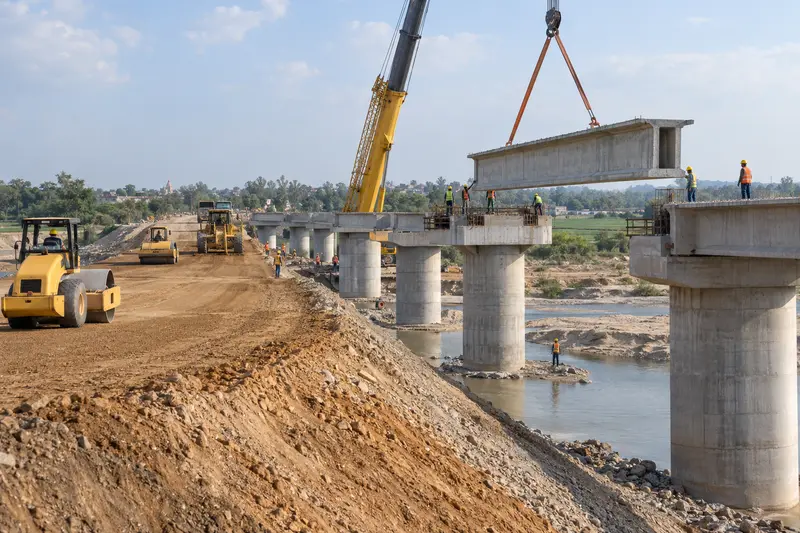 Bridge girder being placed on piers beside an expressway embankment